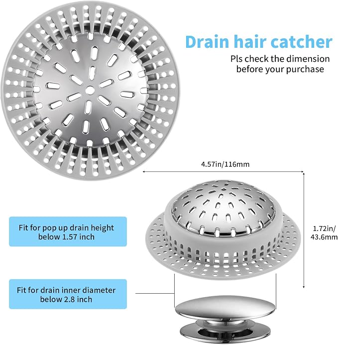 Aluvor Bathtub Drain Hair Catcher Shower Drain Cover Sink Drain Protector | Bathroom Sink & Bathtub Drain Strainer for Pop-Up & Regular Drains, grey