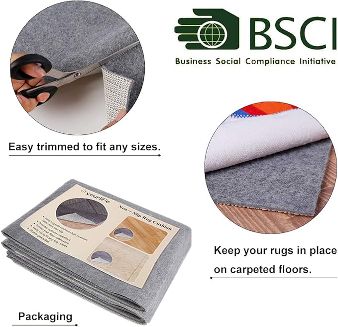Non Slip Rug Pad Grippers - Square 8x8, 1/8" Thick, (Felt + Rubber) Double Layers Area Carpet Mat Tap, Provides Protection and Cushioning for Hardwood or Tile Floors