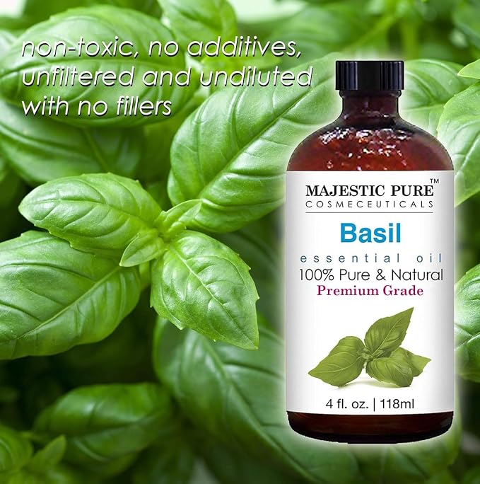 Majestic Pure Basil Essential Oil for Diffuser - 4 Fl Oz | 100% Natural Essentials Oils for home fragrance, diffuser use, massage, DIY candles, DIY soaps, Aromatherapy