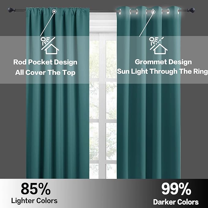 RYB HOME Bedroom Window Curtains, Heat Cold Insulated Drapes for Energy Cost Saving Washable Curtain Set for Living Room Family Engagement Bathroom Sunroom, 42 x 54 inches Long, Teal, 1 Pair
