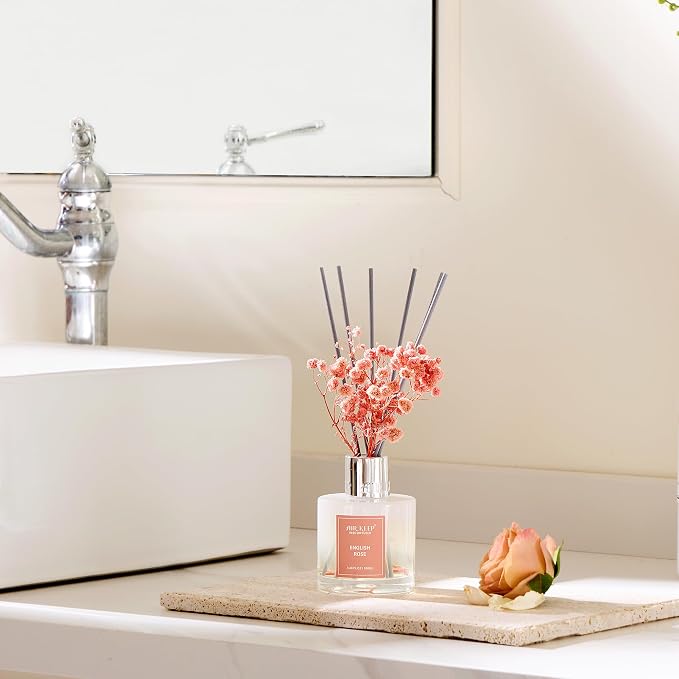 Reed Diffuser Set,3.38 fl oz (100 ml) - English Rose Oil Diffusers with 8 Reed Sticks, Home Fragrance Reed Diffuser for Bathroom Shelf Decor