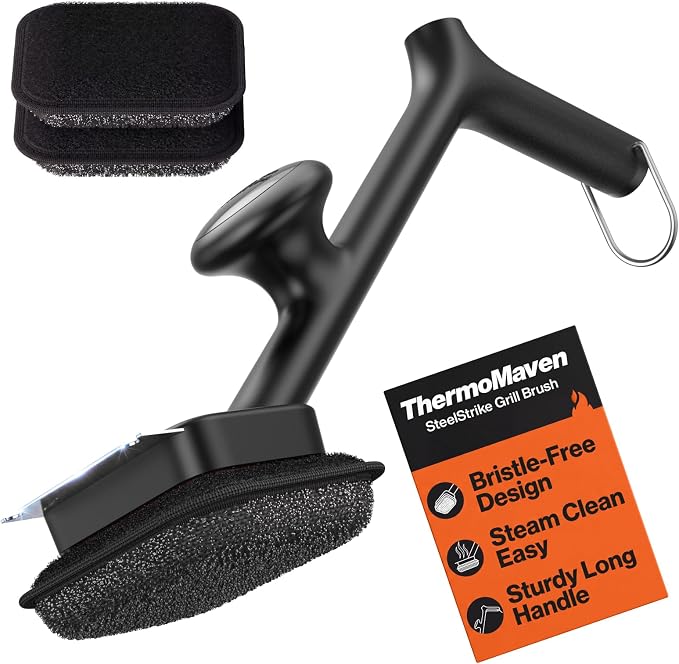 ThermoMaven Bristle-Free BBQ Grill Brush - No Wire Risk Steam Cleaner Removes Burnt Grease Fast - 17" Cool-Touch Handle, Scraper & 3 Replaceable Heads for Gas, Charcoal & Cast Iron