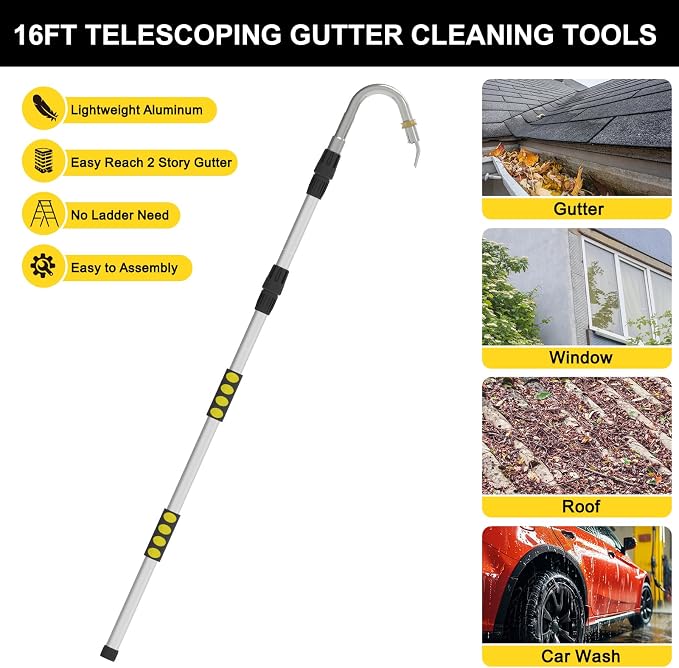 SISUPASSIE 24FT Reach Gutter Cleaning Tools from Ground, Telescopic Rain Gutter Cleaners Tool with Quick Connect Adapter and Heavy Duty Wand for 2nd Story House