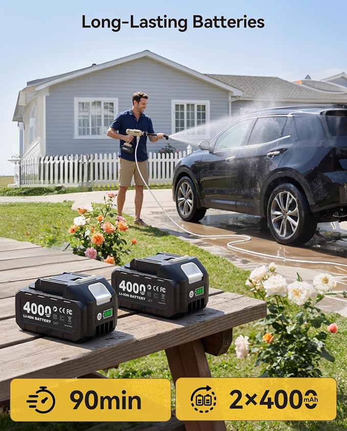 TaskStar Portable Cordless 1250PSI High Pressure Power Washer | 2X 4.0Ah Batteries, Brushless Motor, 2 Power Modes, 6-in-1 Spray Nozzle, 26FT Extended Hose for Car, Garden, Outdoor Cleaning