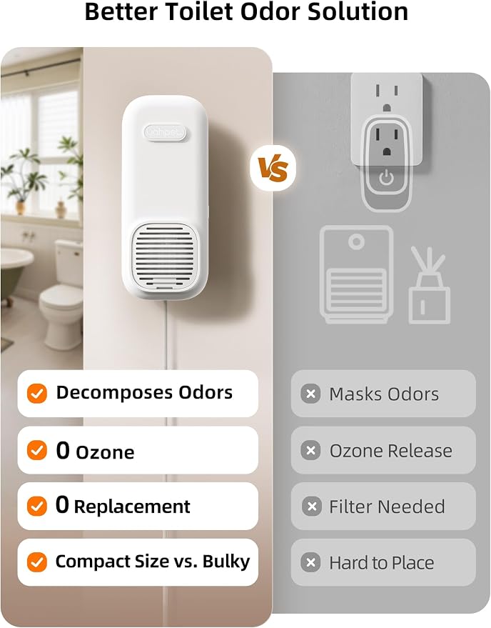 uahpet Bathroom Air Freshener, Plug in Air Purifier with Negative Ion, Nano & Fan-Powered, No Scent & No Refills Triple Home Deodorizer for Toilet, Bathroom, Kitchen, Garage Odors