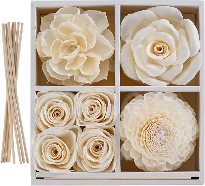 Flower Reed Diffuser Sola Wood Flowers Natural Material Aromatherapy Reed Decorative Aromatherapy Flower Refill Diffuser Reeds, 7Pcs Flower, 7Pcs Rope, 8 Pcs Diffuser Rattan (2-3.5 Inches, White)