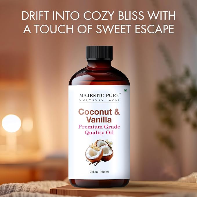 Majestic Pure Coconut Vanilla Essential Oil for Diffuser - 2 Fl Oz | 100% Pure & Natural Essentials Oils for aromatherapy, massage blends and DIY home fragrance projects, Massage and room sprays