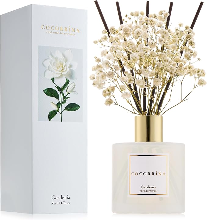 Reed Diffuser - Gardenia 6.7 Fl.oz Reed Diffuser Set with Sticks & Preserved Baby's Breath, Reed Diffuser for Home Bathroom Shelf Decor