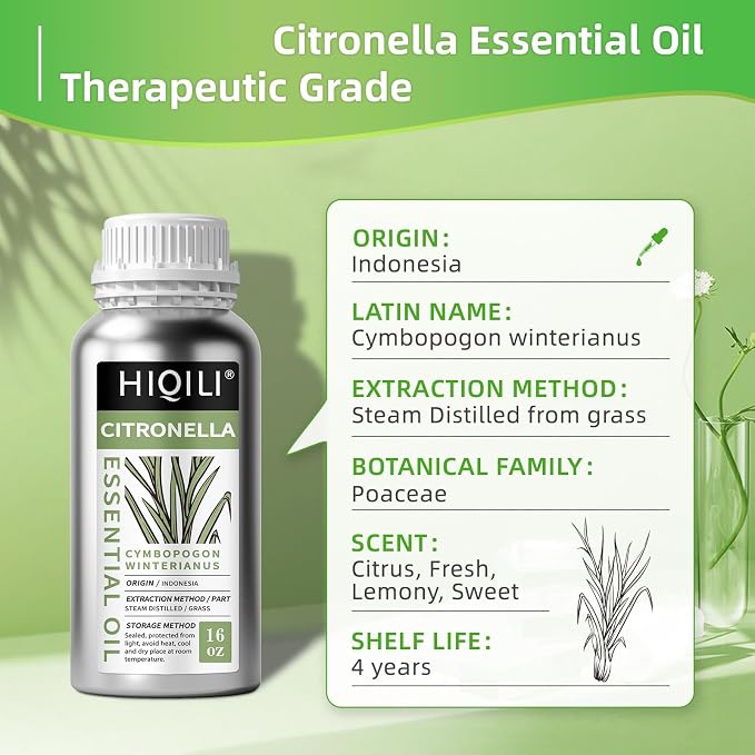 HIQILI Citronella Oil for Diffusers & Homemade Sprays | Large Volume Ideal for Outdoor & Indoor Use, A Professional Choice for DIY Sprays Soap & Candles - 500mL / 16 fl oz