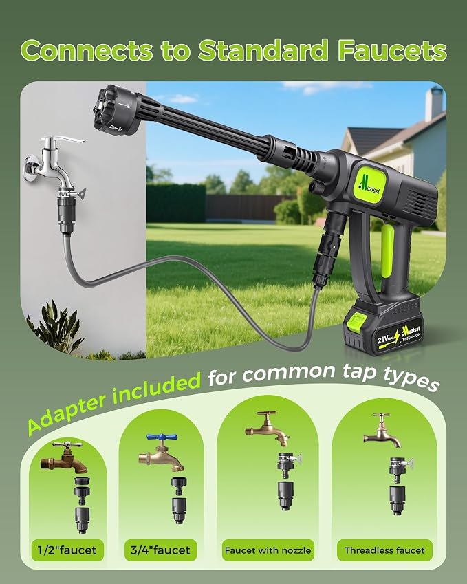 Cordless Car Washer, 1250PSI, Portable Self-Priming Cleaning Tool | Draw Water From Bucket, Garden Hose or Faucet. Lightweight Cordless Design with 6-in-1 Nozzle for Car, Patio, Garden.