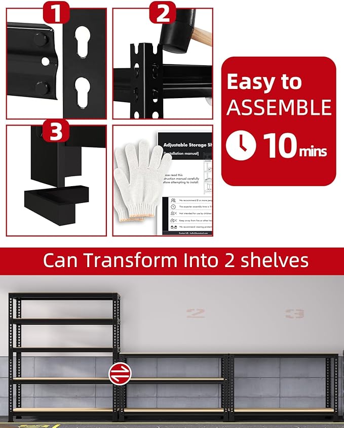 PrimeZone 36" x 16" x 72" Heavy Duty Storage Shelves - 5 Tier Adjustable Garage Storage Shelving, Metal Storage Utility Rack Shelf Unit for Warehouse Pantry Closet Kitchen, Black