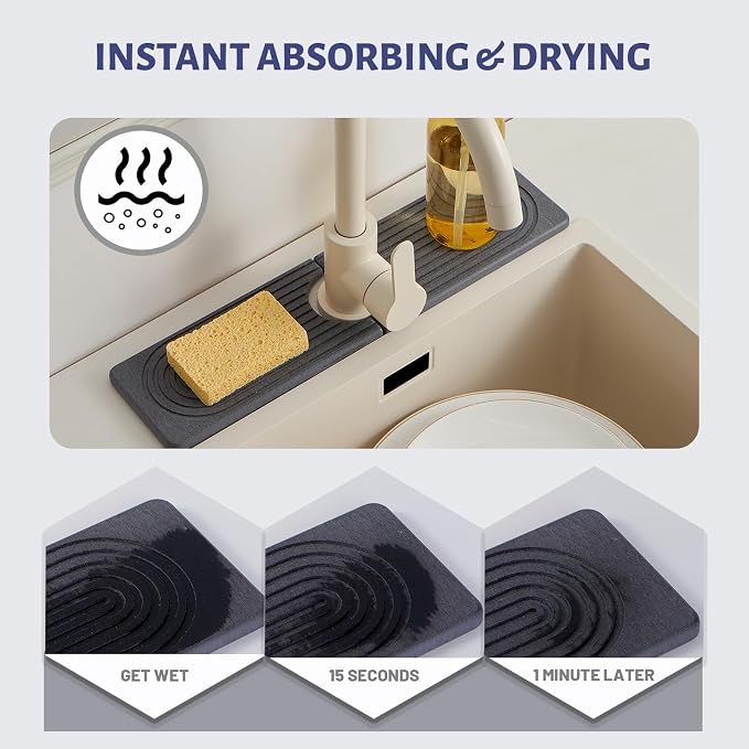 Kitchen Faucet Mat, Diatomite Sink Faucet Mat Splash Guard, Water Absorbing Stone Tray for Sink, Quick Drying Faucet Mat for Kitchen Sink, Absorbent Stone Drying Tray for Bathroom Counter