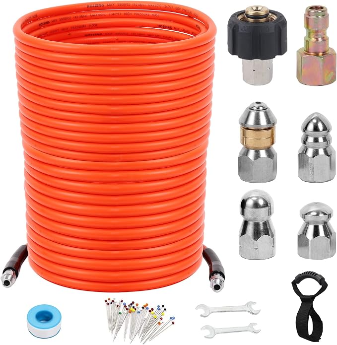 200FT Pressure Washer Sewer Jetter Kit, 5800 PSI Water Jet Drain Cleaner Hose with Corner Rotating Button Nose Nozzle, 1/4 Inch NPT, Sewer Jetter Nozzles Kit with Spanner Handle Strap