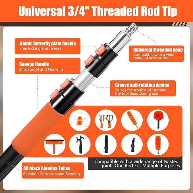 26FT Light Bulb Changer Kit with Ceiling Fan Cleaner Extension Pole Orange | Telescoping Lightbulb Changing Pole,Cobweb Brush Extendable Duster,Spider Web Brush and Window Squeegee Cleaning
