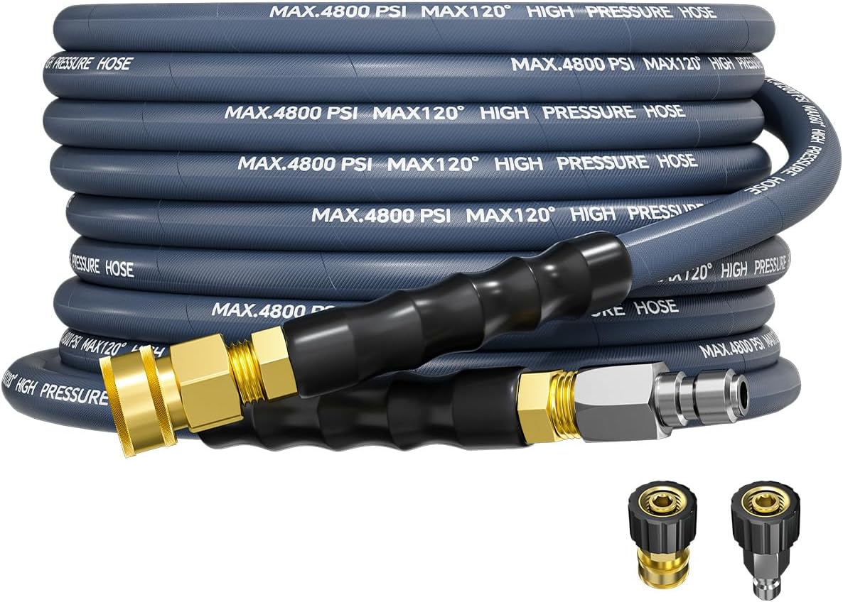 3/8" 4800PSI Pressure Washer Hose 25FT with Swivel Quick Connect for Cold/Hot Water Max 248°F, Kink Resistant Steel Wire Braided, Wear Resistant Power Washer Hose with M22 14mm Adapter