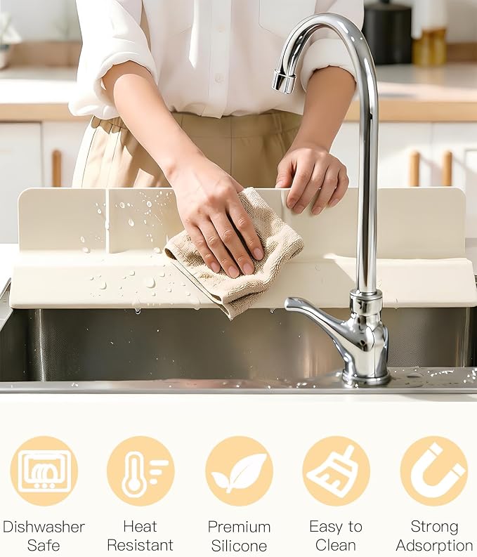 23 Inch Silicone Sink Splash Guard - Kitchen Sink Water Splash Guard with Strong Suction Cups, Removable Splash Guard for Sink, Washbasin & Bathtub - White