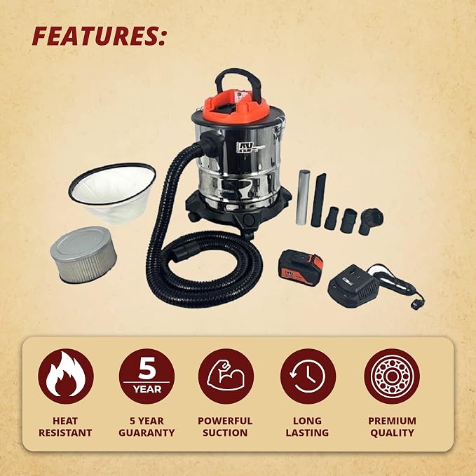 Pellethead Vault Pro Cordless Ash Vacuum – 20V Rechargeable, Dual HEPA Filters, 7-Foot Hose, Brush & Crevice Tools, Stainless Steel Body for Stoves, Fireplaces & Grills