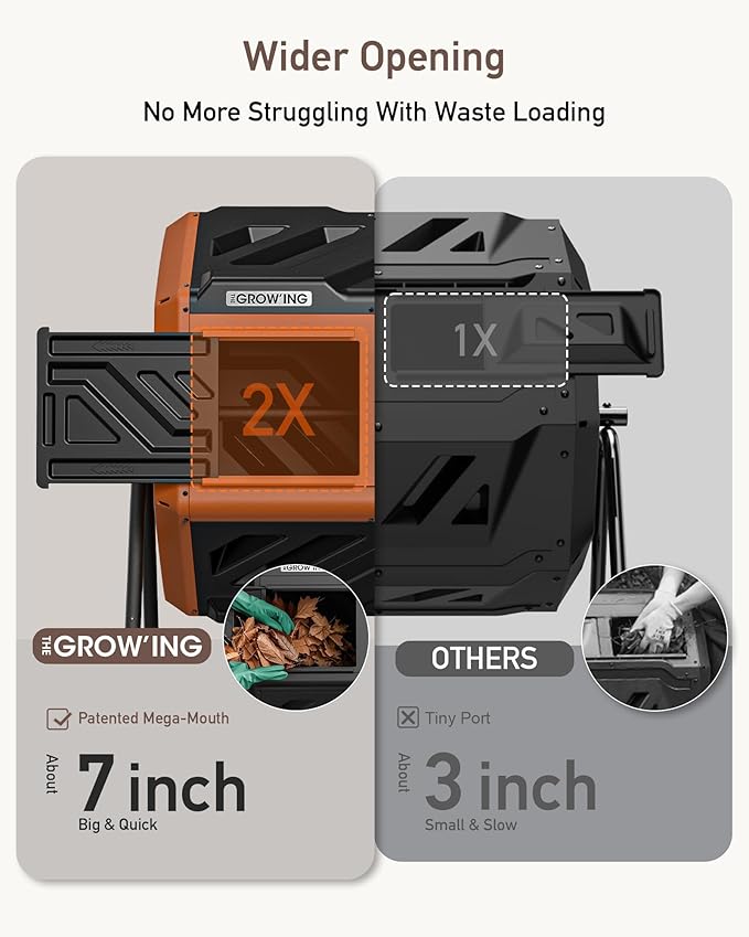 THEGROW'ING Updated 43 Gallon Outdoor Compost Bin. with Thermometer, Fast to Assemble. Tumbling Design, Dual Chambers. Rotating Function, Ideal for Outside, Backyard, Garden, Yard. Orange.