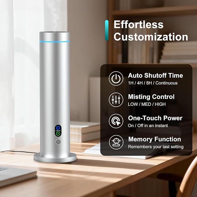 Waterless Diffuser, Essential Oil Diffuser, 1000 Sq.Ft Coverage Scent Diffuser – Plug-in Only, Adjustable Mist, Remote, Mood Lights for Home & Office, Large Room, Hotel, Silver