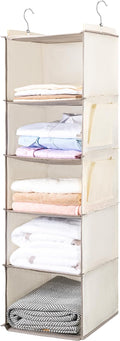 BOOMIBOO Hanging Closet Organize and Shelves,5-Hanging Shelf （Beige） | Dorm Room Essentials, Clothes Organizer with 2 Side Pockets, Hanging Shelves for Closet Storage, Breathable Fabric