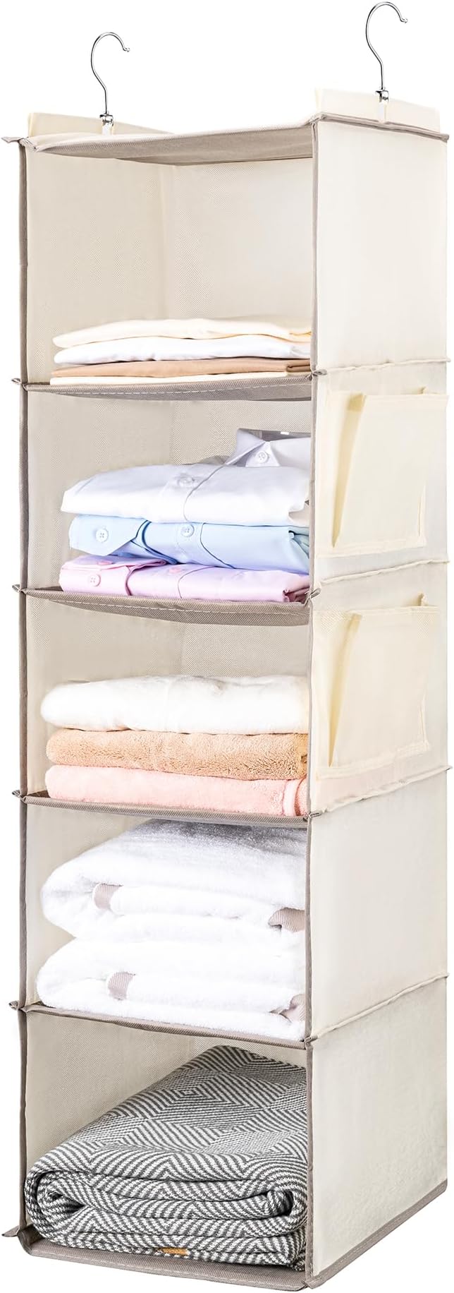 BOOMIBOO Hanging Closet Organize and Shelves,5-Hanging Shelf （2 Pack,Beige） | with 2 Side Pockets，Storage Foldable