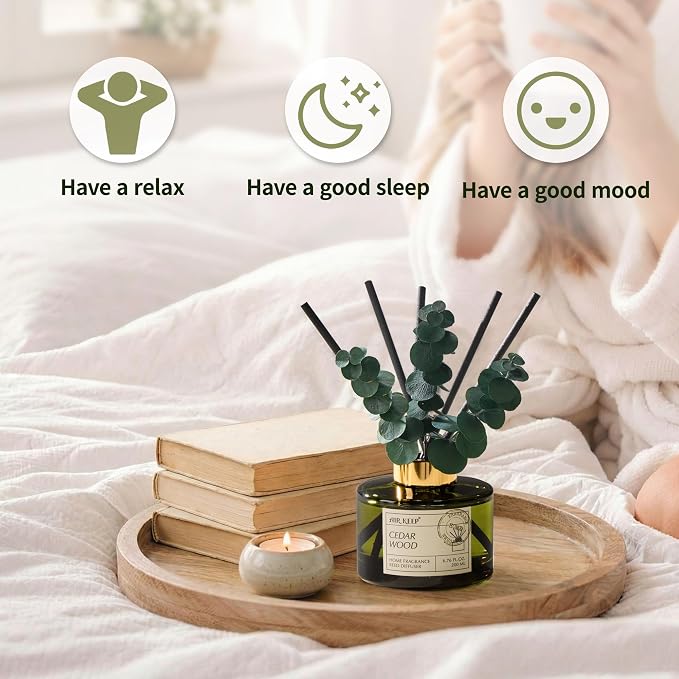 Reed Diffuser Set with 6.76 fl oz Cedar Wood Scent Essential Oils and 3 Leaves & 8 Diffuser Sticks,Bathroom Shelf Decor & Air Freshener, House Bedroom Office Decor & Gifts