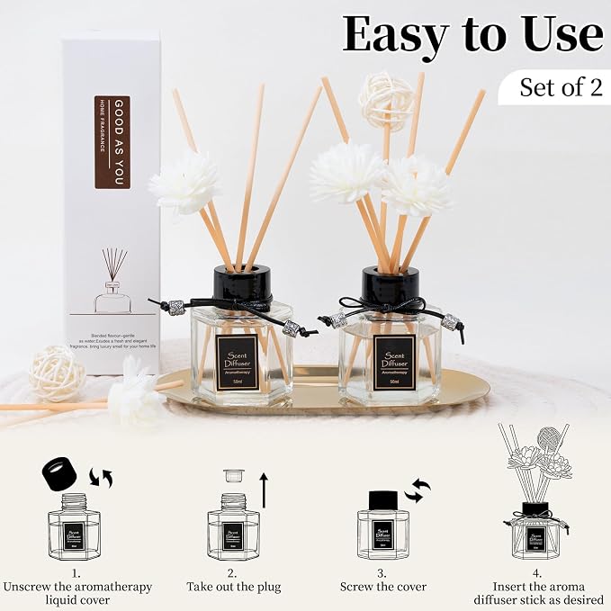 English Pear & Freesia + Jasmine Reed Diffuser Set of 2 for Bathroom, 1.7 fl oz Essential Oil Diffuser Sticks | Home Air Freshener Fragrance with 6 Reeds for Diffuser | Smell Good for Home Shelf Decor