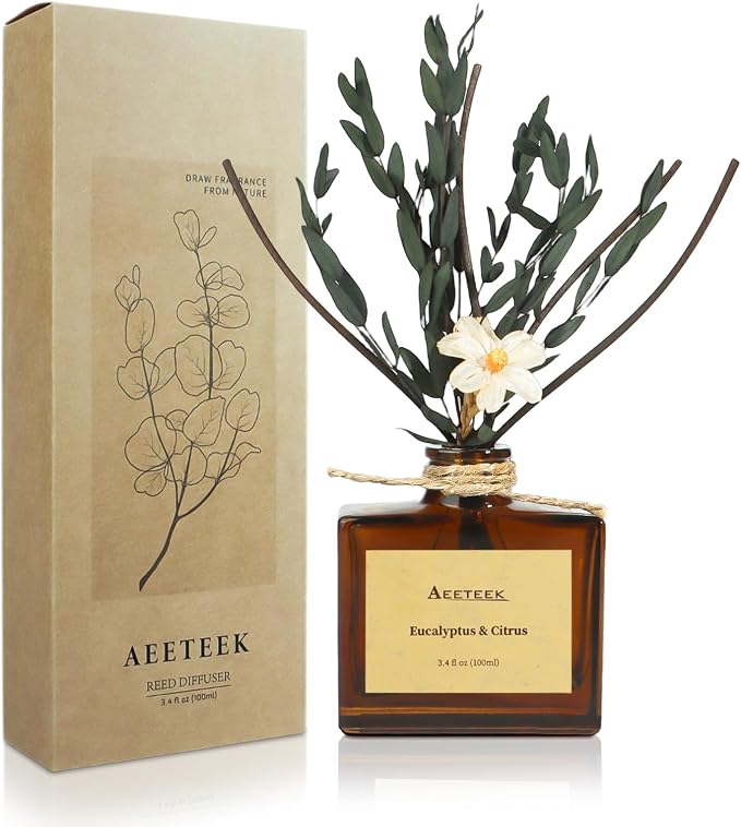 Reed Diffuser, Eucalyptus & Citrus Scented Oil Diffusers for Home with Dried Flowers, 3.4 Fl Oz Essential Oil Diffuser for Bathroom, Elegant Fragrance for Room Decor | Diffusers for Home with Handmade Flowers, 100ml Long-lasting Air Freshener for Bathr...