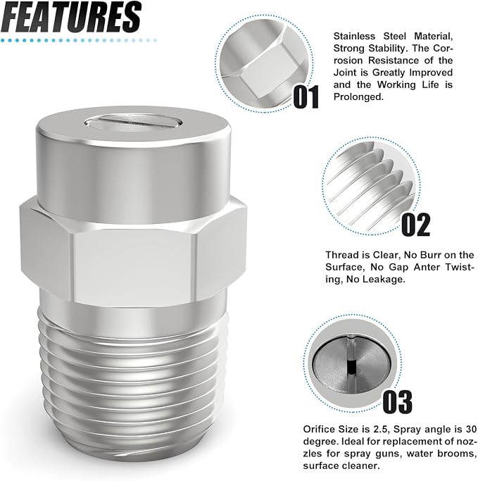 MEANLIN 30 Degree Surface Cleaner Tips, 1/4 Inch NPT Male, 2.5 Orifice, 4000 PSI Threaded Spray Nozzles, Replacement for Water Gun, Water Broom and Surface Cleaner (5-Pack)