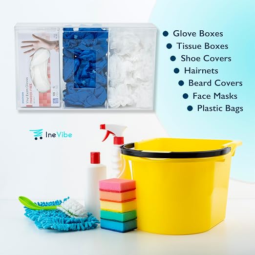 IneVibe 3 Compartment Hygiene Holder with Lid for Home or Office (Triple) | Triple Acrylic Dispenser For Hairnets, Glove Boxes, Face Masks, Plastic Bags, Tissue Boxes, Medical- Countertop or Wall Mount