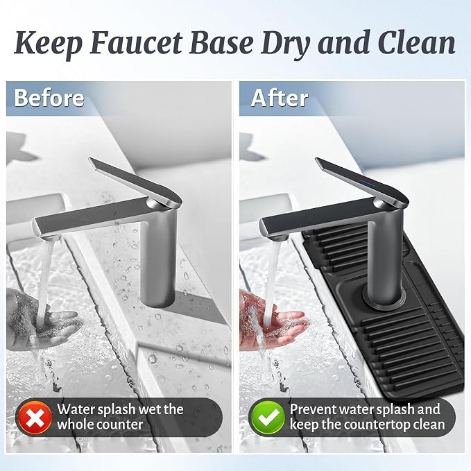 PoYang 14.6 inch Faucet Mat for Kitchen Sink Splash Guard, 7° Slope Silicone Sink Water Splash Guard for Kitchen Sink Area with Snap Button, Small Sink Protectors for kitchen Sink Sponge Holder, Black