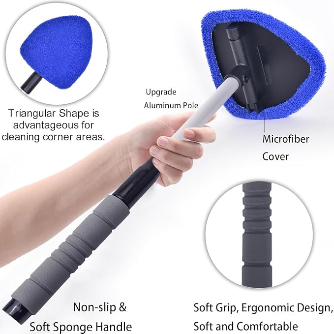 Windshield Cleaning Tool with Extendable Handle, Car Interior Window Cleaner Kit with 4 Reusable Microfiber Pads, Inside Windshield Cleaner for Auto & Home Glass