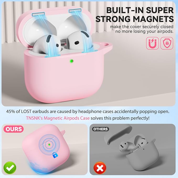 for AirPods 4 Case with Magnetic Cover, TNSNK Silicone AirPod 4 Case Cover Compatible with Apple Airpods 4th Gen 2024, Shockproof Protective Cases for Women Girly with Cleaner Kit and Keychain