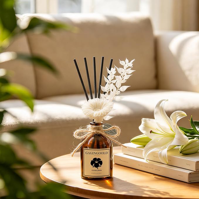 Reed Diffuser Set, Fresh Linen Scent Diffuser with 10 Sticks & Decorative Flower, Long Lasting Diffusers for Home Fragrance, Vintage Decor for Bathroom Bedroom Office Shelf, 5 Fl.oz