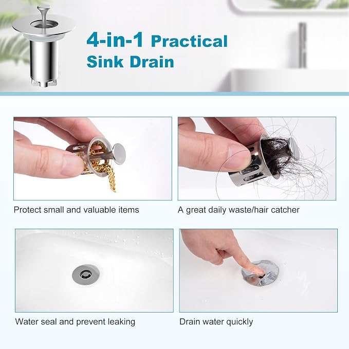 Universal Bathroom Sink Drain Strainer Hair Catcher Upgraded with Visible Top Stainless Basket, 3 in 1 Pop Up Sink Stopper for 1.1''~2.36'' Sink Basin Hole, Chrome