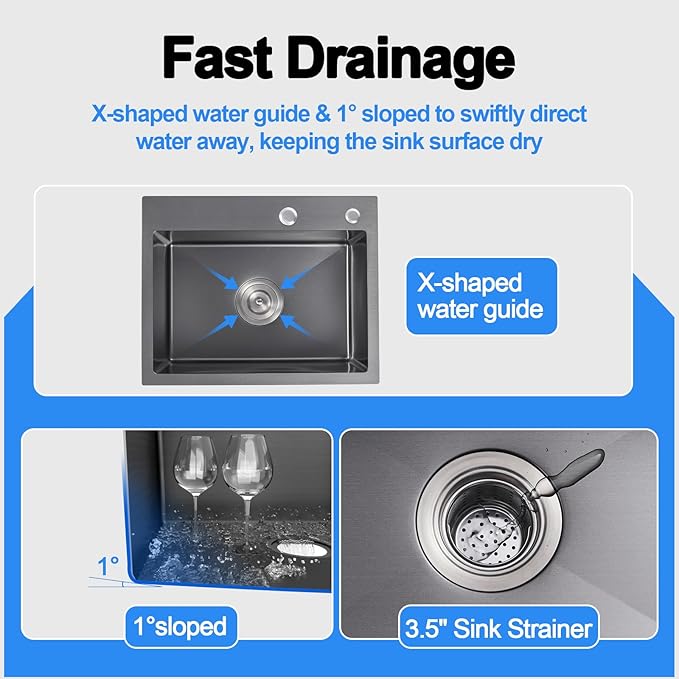 20x16 Inch Drop in Kitchen Sink, 304 Black Stainless Steel Sink, 9" Deep Single Bowl, R10 Tight Corner, 2 Pre-Drilled Holes, Topmount Installation,for Small Kitchen/RV/Bar Sink