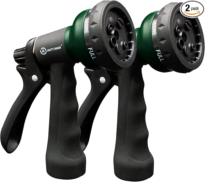AUTOMAN Garden Hose Nozzle 2PK, ABS Water Spray Nozzle with 7 Adjustable Patterns, Slip Resistant for Watering Plants, Lawn, Garden, Washing Cars, Cleaning, Showering Pets & Outdoor Fun