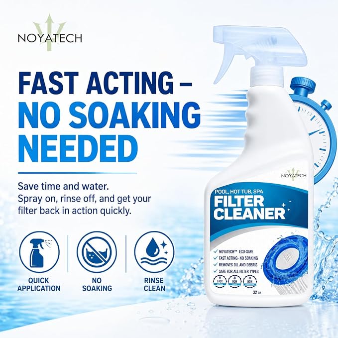 NOYATECH Pool Filter Cleaner Spray – No Soak Cartridge Cleaner for Hot Tub, Spa & Pool Filters – Removes Oil, Grease & Buildup Fast – Extends Filter Life – Gallon