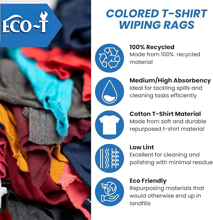25 Lb Box Eco-T Mechanic Shop Rags - Colored T-Shirt Material, 100% Recycled, Eco-Friendly, High Absorbency, Low Lint, Low-Cost, Industrial Use Wiping Cloth