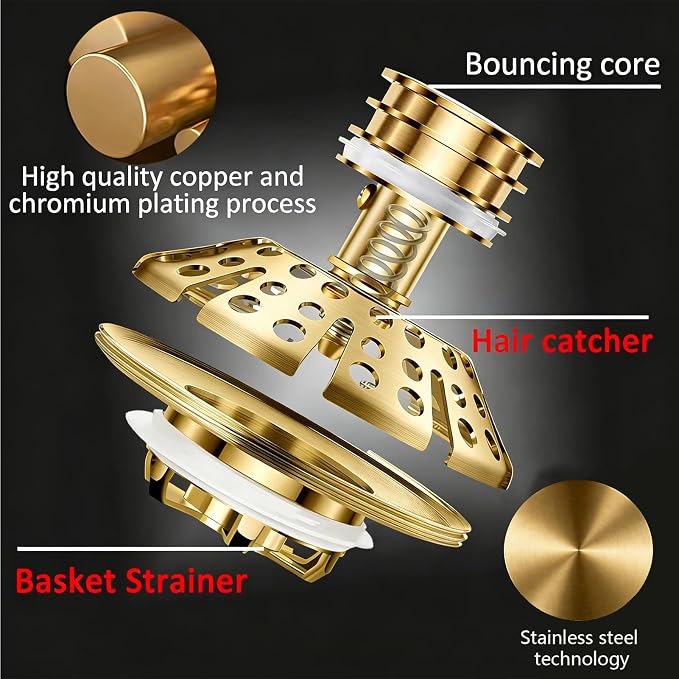 AzWzz Bathtub Drain Stopper, Pop Up Tub Stopper Plug with Bathtub Drain Hair Catcher Cover, Universal for 1.45 in to 1.8 in Tub Drain, Brushed Gold
