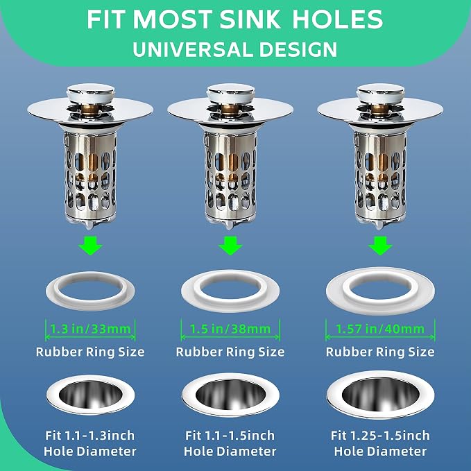 All Metal Pop-Up Stopper(1 Pack，Chrome) Bathroom Sink Drain Strainer Hair Catcher 304 Stainless Steel Filter Basket Brass Bullet Core for Washbasin with a Drainage Outlet of Size 1.1"-1.5"