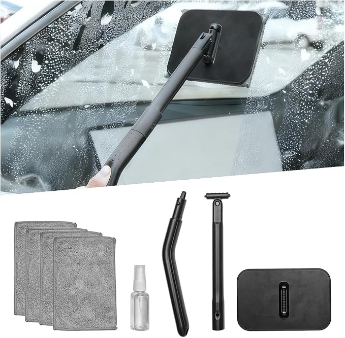 Car Windshield Cleaning Tool, Vehicle Window Glass Cleaner with 4 Reusable Microfiber Pads & Extendable Handle, Automotive Interior Windscreen Wash Kit, Universal for Most Vehicles