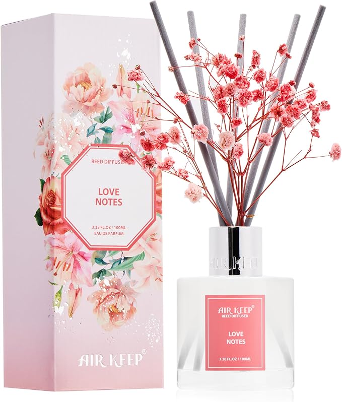 Reed Diffuser Set,3.38 fl oz (100 ml) - Love Notes Oil Diffusers with 8 Reed Sticks, Home Fragrance Reed Diffuser for Bathroom Shelf Decor
