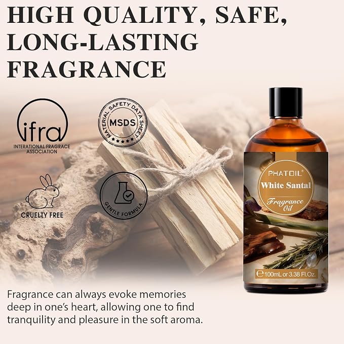 PHATOIL White Santal Fragrance Oil for Diffuser Aromatherapy 3.38FL.OZ | Long Lasting Scented Oils For Humidifier, Air Freshener, DIY Soap Candle, Scent Project Making, Aroma Oil for Home Freshening
