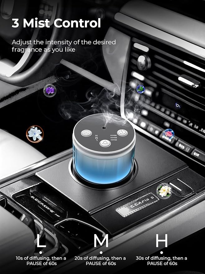 Waterless Essential Oil Diffuser: 𝟗-𝐂𝐨𝐥𝐨𝐫 𝐋𝐄𝐃 Snow White | Portable Scent Diffuser - No Water No Heat For Pure Aroma - 48H Battery 3 Mist Levels & 4 Timers for Car Office