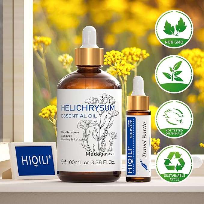 HIQILI Helichrysum Essential Oil for Skin, Massage & Aroma Diffuser | Nourishing Skin, Reducing Fine Lines & Wrinkles, Relieving Body Fatigue, DIY Floral Scent Gift –100mL / 3.38 fl oz