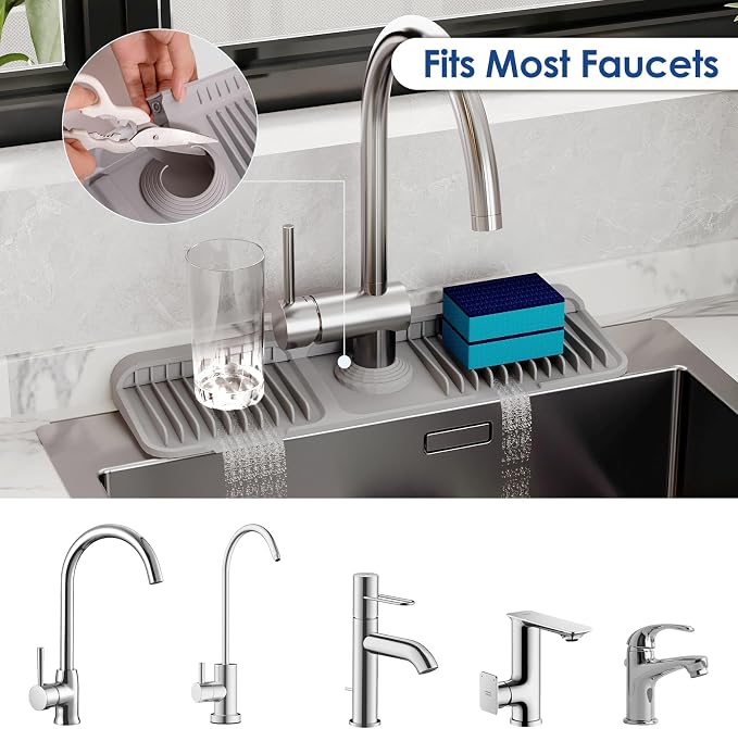 17.7 Inch Silicone Faucet Mat for Kitchen Sink Splash Guard - 7° Slope Upgraded Water Draining Mat with Fasten Button for Bathroom Area (Gray, 17.7''x5.5'')