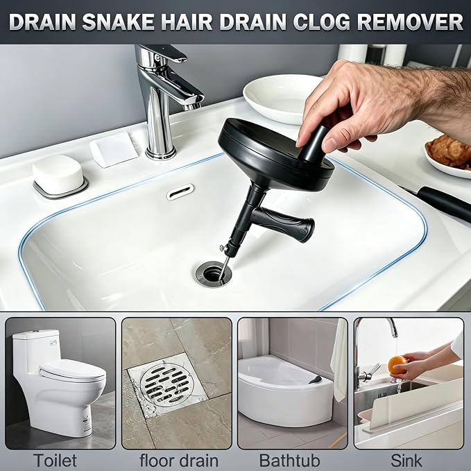 33 Ft Drain Auger Flexible Plumbing Snake Pipe Clog Remover Tool | Flexible steel cable clears hair & grease clogs, works for sink, tub, shower drains, DIY plumbing unclogging tool