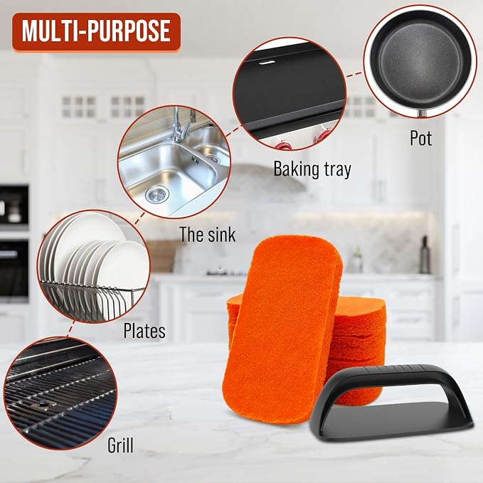Griddle Cleaning Kit for Blackstone, Non-Scratch Scouring Pads for Kitchen | 5 Scrubber Pads and 1 Handle