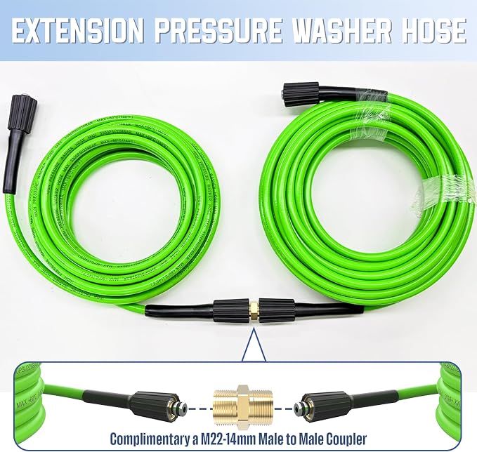 PVC Pressure Washer Hose 25 FT x 1/4", Kink Resistant Power Washer Hose, High Pressure Water Hose Extension Replacement for Home Use with M22-14mm Brass Fittings, 3300 PSI, Green